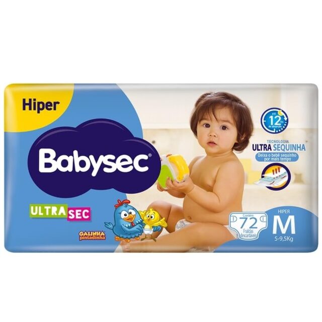 Fralda Babysec Ultra Sec Galinha Pintadinha M, pacote hiper com 68 unidades