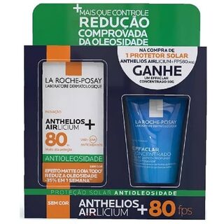 Protetor Solar Antioleosidade La Roche-Posay Anthelios Airlicium+ FPS 80, sem cor, gel creme, 1 unidade com 40g + gel concentrado para limpeza facial effaclar, 1 unidade com 50g