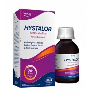 Hystalor 0,5mg/mL, caixa com 1 frasco com 100mL de xarope + 1 seringa dosadora + 1 adaptador