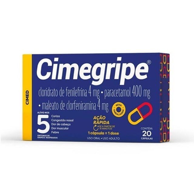 Cimegripe 400mg + 4mg + 4mg, caixa com 20 cápsulas duras