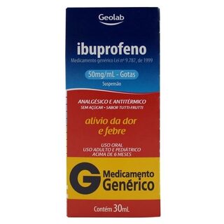 Ibuprofeno Gotas Geolab 100mg/mL, caixa com 1 frasco gotejador com 20mL de suspensão de uso oral