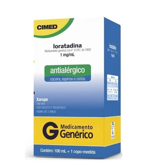 Loratadina Cimed 1mg/mL, caixa com 1 frasco com 100mL de xarope + copo dosador