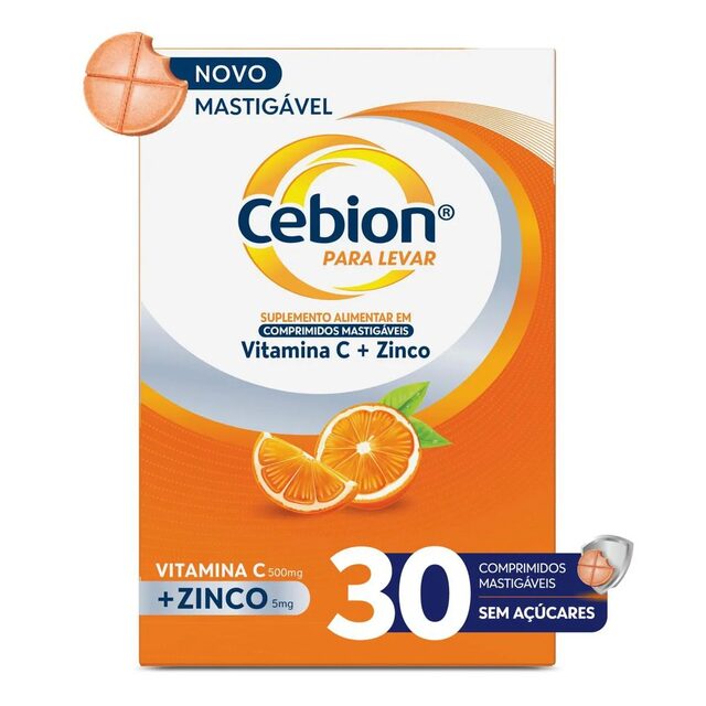 Vitamina C + Zinco Cebion Para Levar 500mg + 5mg Sabor Laranja, 30 comprimidos mastigáveis