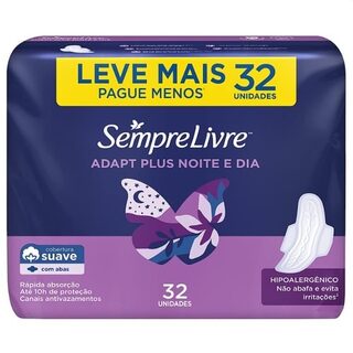 Absorvente Sempre Livre Adapt Plus Noite e Dia com abas, suave, pacote com 32 unidades