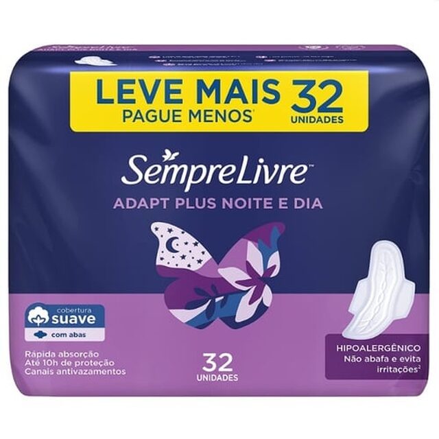 Absorvente Sempre Livre Adapt Plus Noite e Dia com abas, suave, pacote com 32 unidades
