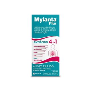 Mylanta Plus 80mg/mL + 80mg/mL + 6mg/mL, caixa com 1 frasco com 240mL de suspensão de uso oral, sabor morango