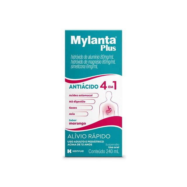 Mylanta Plus 80mg/mL + 80mg/mL + 6mg/mL, caixa com 1 frasco com 240mL de suspensão de uso oral, sabor morango