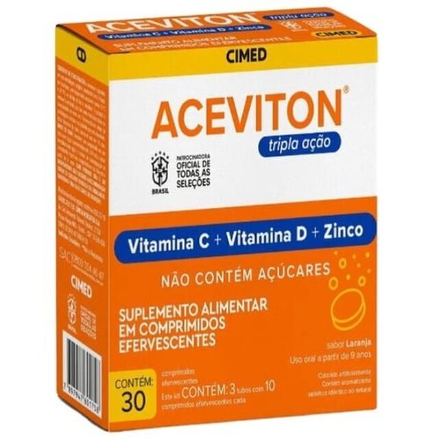 Aceviton Tripla Ação laranja, caixa com 30 comprimidos efervescentes