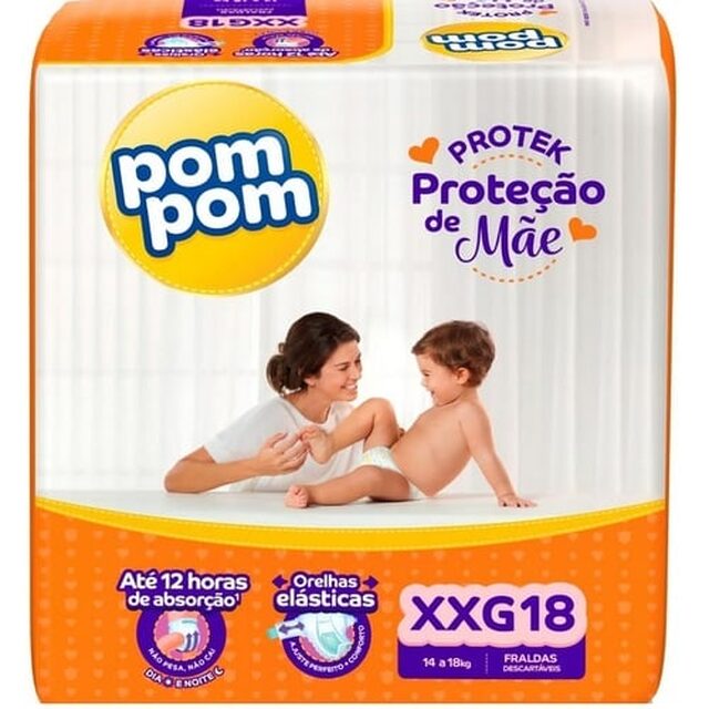 Fralda Pom Pom Protek Proteção de Mãe XXG, pacote com 18 unidades
