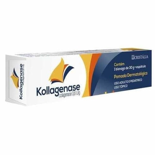 Kollagenase 0,6U/g, caixa com 1 bisnaga com 30g de pomada de uso dermatológico + espátula