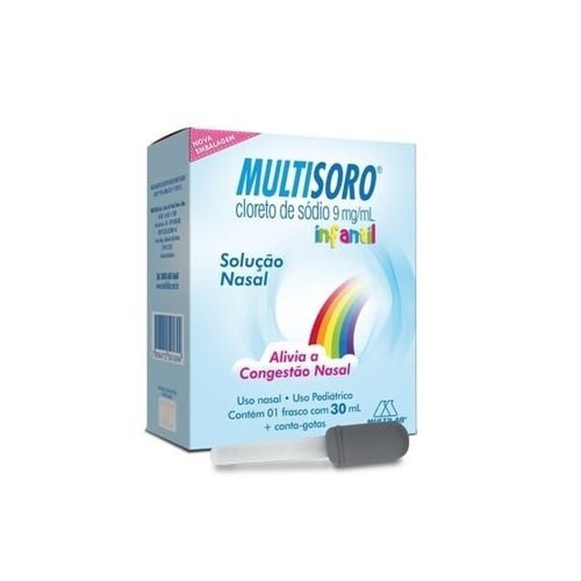 Multisoro 9mg + 0,1mg, caixa com 1 frasco com 30mL de solução de uso nasal infantil + conta gotas