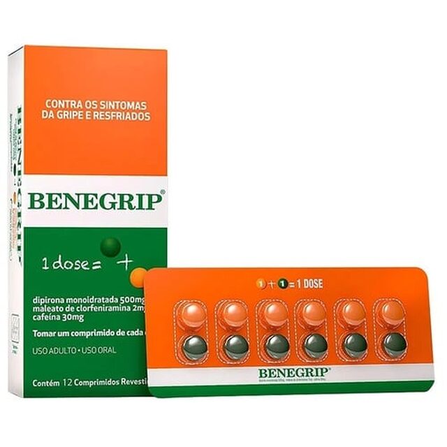 Benegrip 500mg + 30mg + 2mg, caixa com 12 comprimidos revestidos