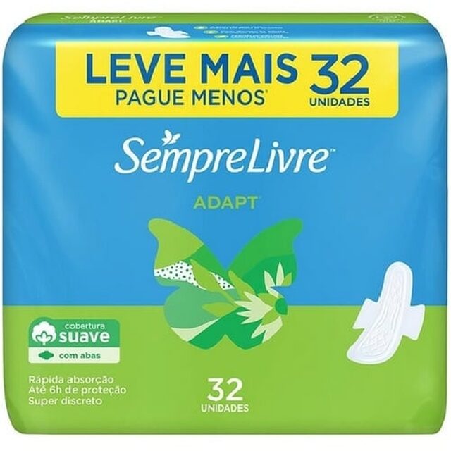 Absorvente Sempre Livre Adapt suave, com abas, pacote com 32 unidades