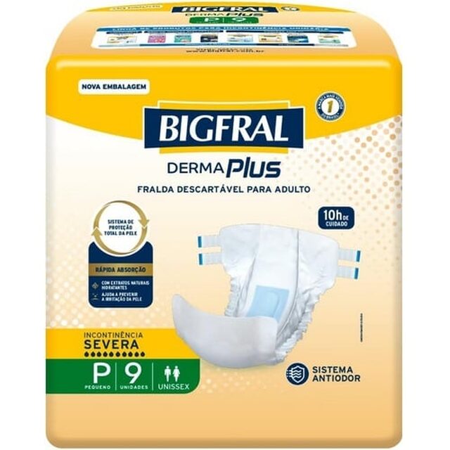 Fralda Geriátrica Diurna Bigfral Derma Plus P, pacote com 9 unidades