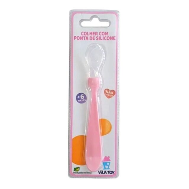 Colher Infantil Vila Toy 6+ meses, ponta de silicone, rosa