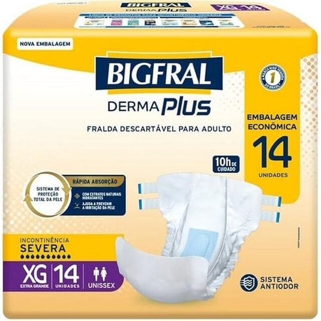 Fralda Geriátrica Bigfral Derma Plus XG, pacote com 14 unidades