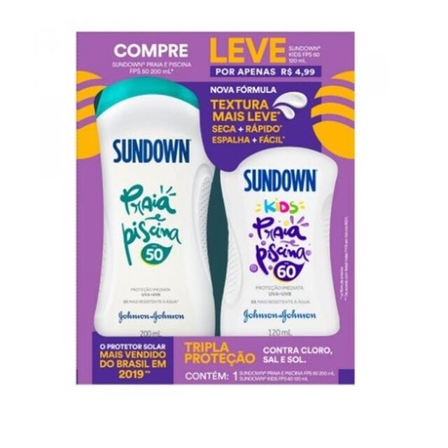 Kit Protetor Solar Sundown Praia e Piscina FPS 50, loção com 200mL + kids, FPS 60, loção com 120mL