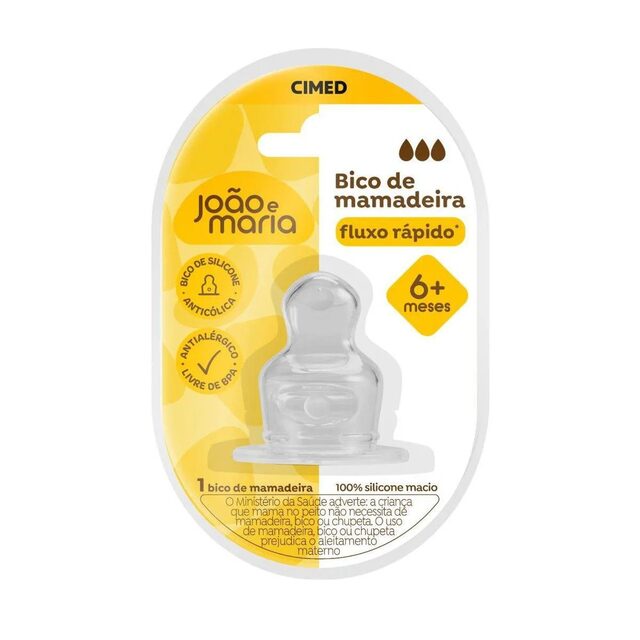 Bico para Mamadeira João e Maria Silicone Orto Fluxo Rápido, 6M+