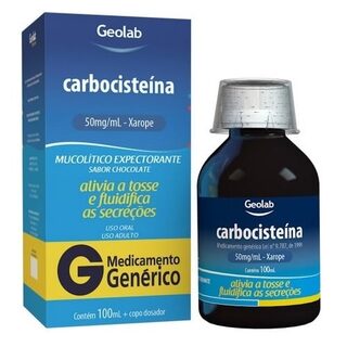 Carbocisteína Geolab 50mg/mL, caixa com 1 frasco com 100mL de xarope adulto + copo medidor