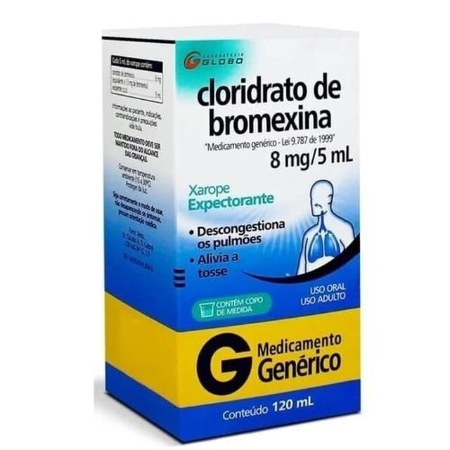 Cloridrato de Bromexina Globo Pharma 0,8mg/mL, caixa com 1 frasco com 120mL de xarope + copo medidor