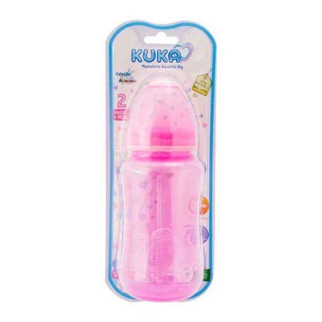 Mamadeira Kuka Aquarela 6+ meses, sem alça, rosa com capacidade de 330mL
