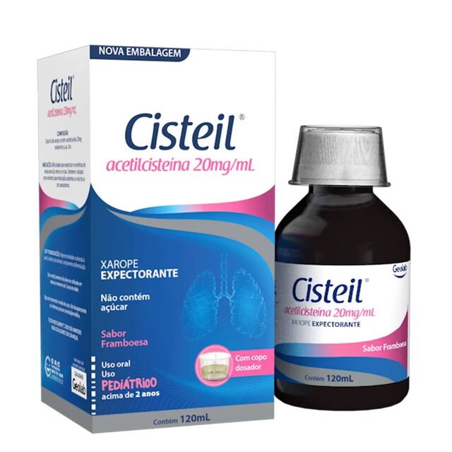 Cisteil 20mg/mL, caixa com 1 frasco com 120mL de xarope infantil + copo dosador