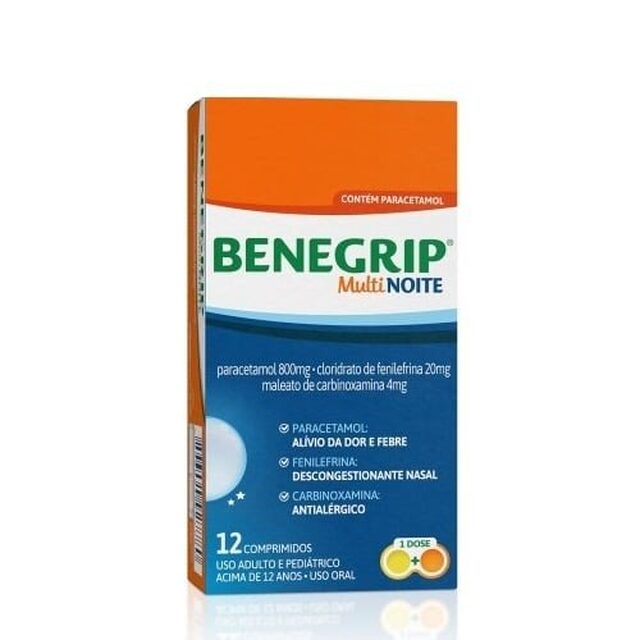 Benegrip Multi Noite 800mg + 20mg + 4mg, caixa com 12 comprimidos