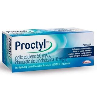 Proctyl 50mg/g + 10mg/g, caixa com 1 bisnaga com 30g de pomada de uso retal + 10 aplicadores