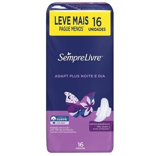 Absorvente Sempre Livre Adapt Plus Noite e Dia com abas, suave, pacote com 16 unidades