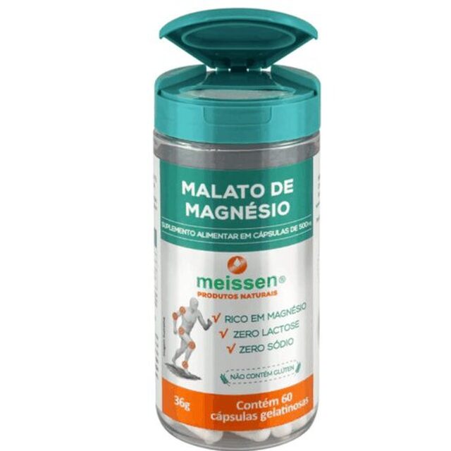 Malato de Magnésio Meissen 500mg, frasco com 60 cápsulas gelatinosas