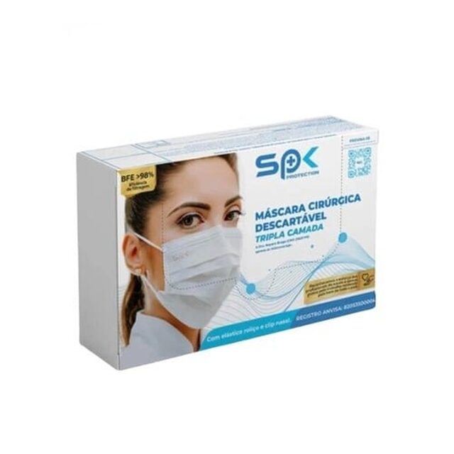 Máscara Cirúrgica Descartável Spk Protection tripla camada, branca, caixa com 50 unidades