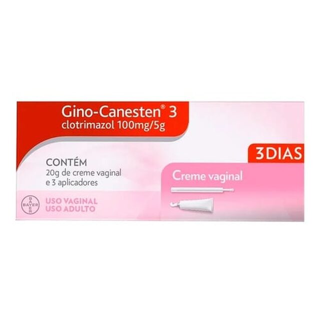 Gino-Canesten 20mg/g, caixa com 1 bisnaga com 20g de creme de uso vaginal + 3 aplicadores