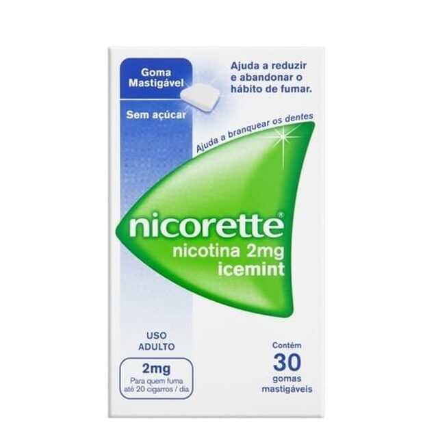 Nicorette 2mg, caixa com 30 gomas mastigáveis, sabor icemint