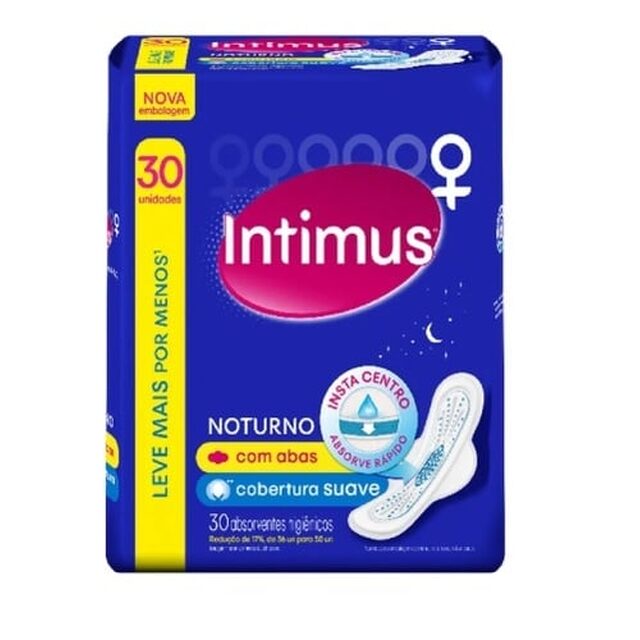 Absorvente Intimus Gel Noturno suave, com abas, pacote com 30 unidades