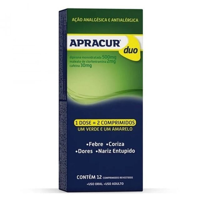 Apracur Duo 500mg + 2mg + 30mg, caixa com 12 comprimidos revestidos