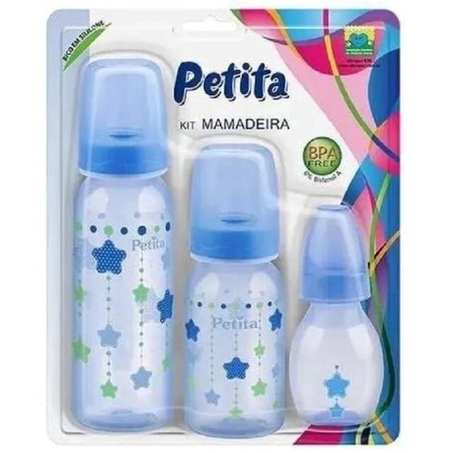 Kit Mamadeira Petita 6+ meses, azul com capacidade de 60mL + 140mL + 240mL cada