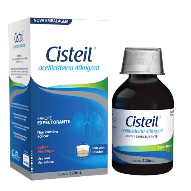 Cisteil 40mg/mL, caixa com 1 frasco com 120mL de xarope adulto + copo dosador