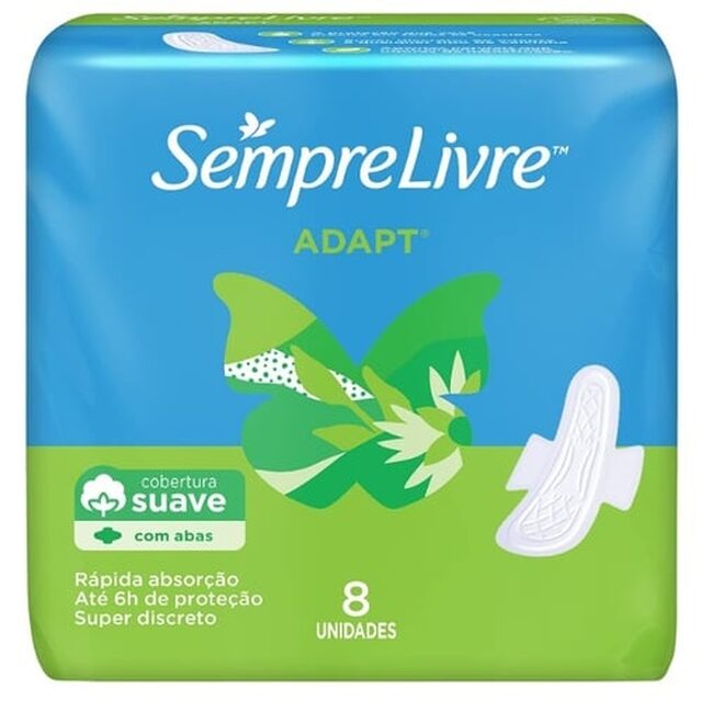 Absorvente Sempre Livre Adapt com abas, suave, pacote com 8 unidades