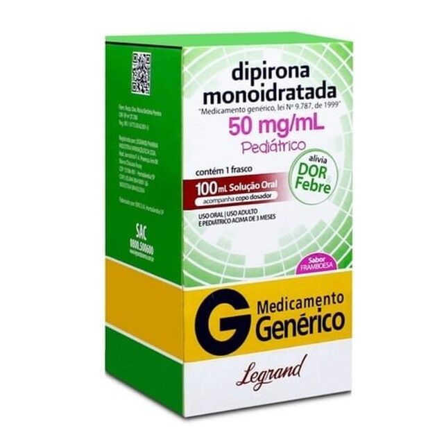 Dipirona Monoidratada Legrand 50mg/mL, caixa com 1 frasco com 100mL de solução de uso oral + copo medidor