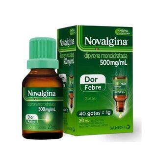 Novalgina Solução Oral 500mg/mL, caixa com 1 frasco gotejador com 20mL de solução de uso oral