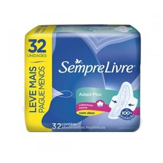 Absorvente Sempre Livre Adapt Plus suave, com abas, 32 unidades