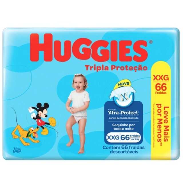 Fralda Descartável Huggies Disney Baby Tripla Proteção XXG, pacote com 66 unidades