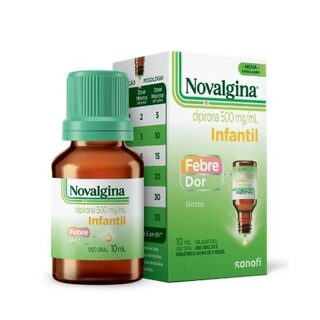 Novalgina Solução Oral 500mg/mL, caixa com 1 frasco gotejador com 10mL de solução de uso oral