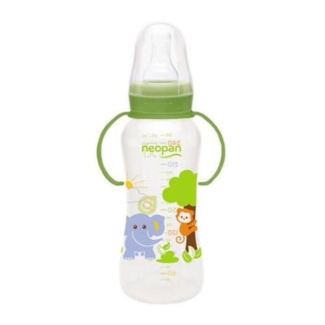 Mamadeira Neopan Cristapan 6+ meses, com alça, verde com capacidade de 250mL