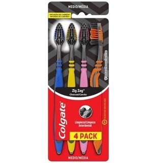 Escova Dental Colgate Zig Zag Carvão média, sortida com 4 unidades