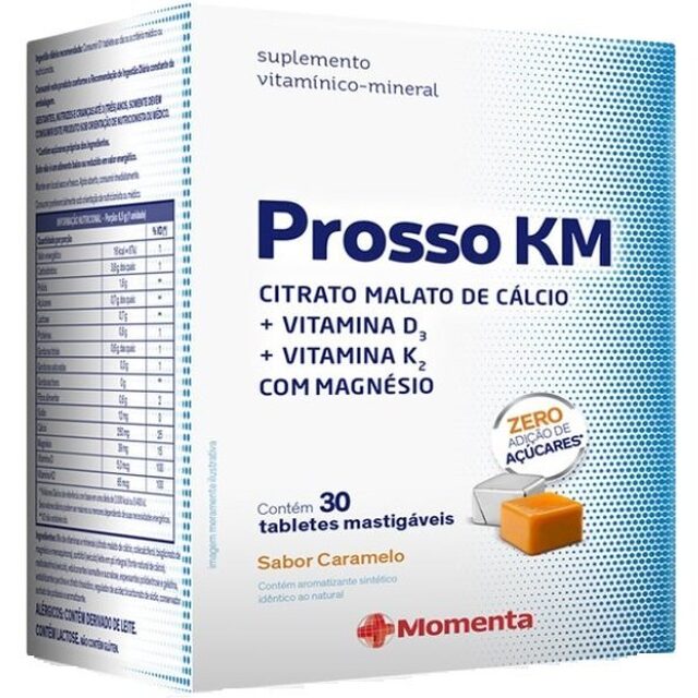 Prosso KM Momenta Zero Adição de Açúcares caramelo, caixa com 30 tabletes mastigáveis