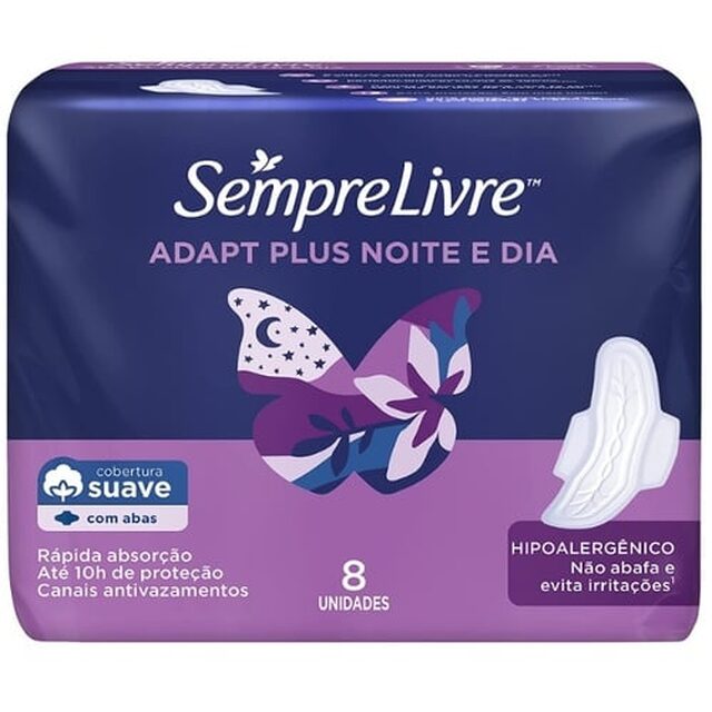 Absorvente Sempre Livre Adapt Plus Noite e Dia com abas, suave, pacote com 8 unidades