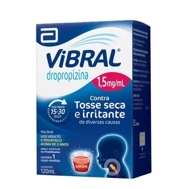 Vibral 1,5mg/mL, caixa com 1 frasco com 120mL de xarope infantil + 1 copo medidor