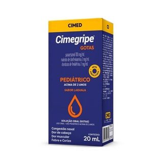 Cimegripe 100mg/mL + 2mg/mL + 2mg/mL, caixa com 1 frasco gotejador com 20mL de solução de uso oral