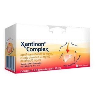 Xantinon Complex 40mg/mL + 53mg/mL + 50mg/mL, caixa com 12 flaconetes com 10mL de solução de uso oral